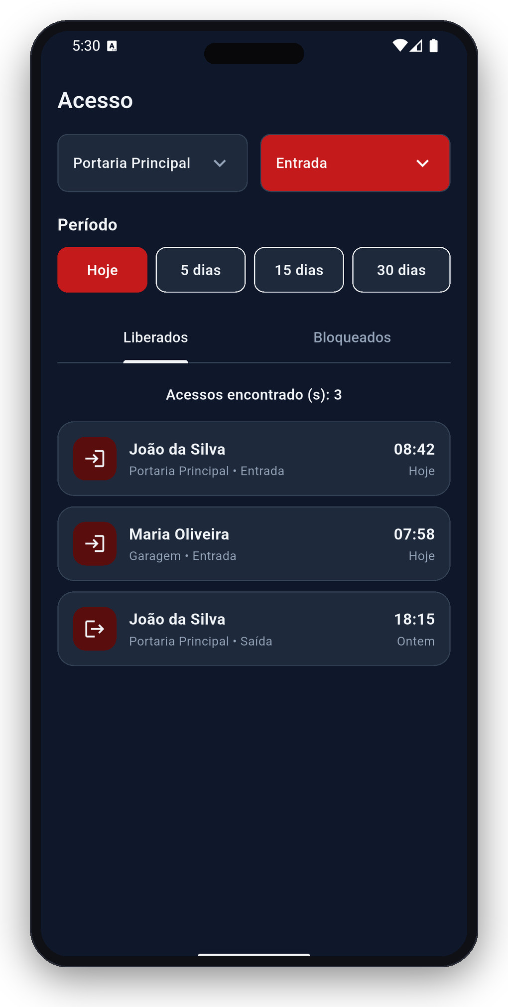 Histórico de acessos no app (escuro)