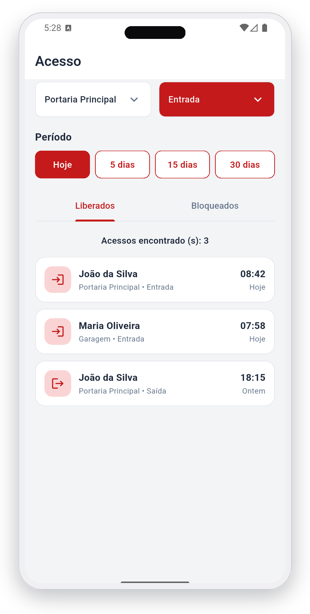Histórico de acessos no app