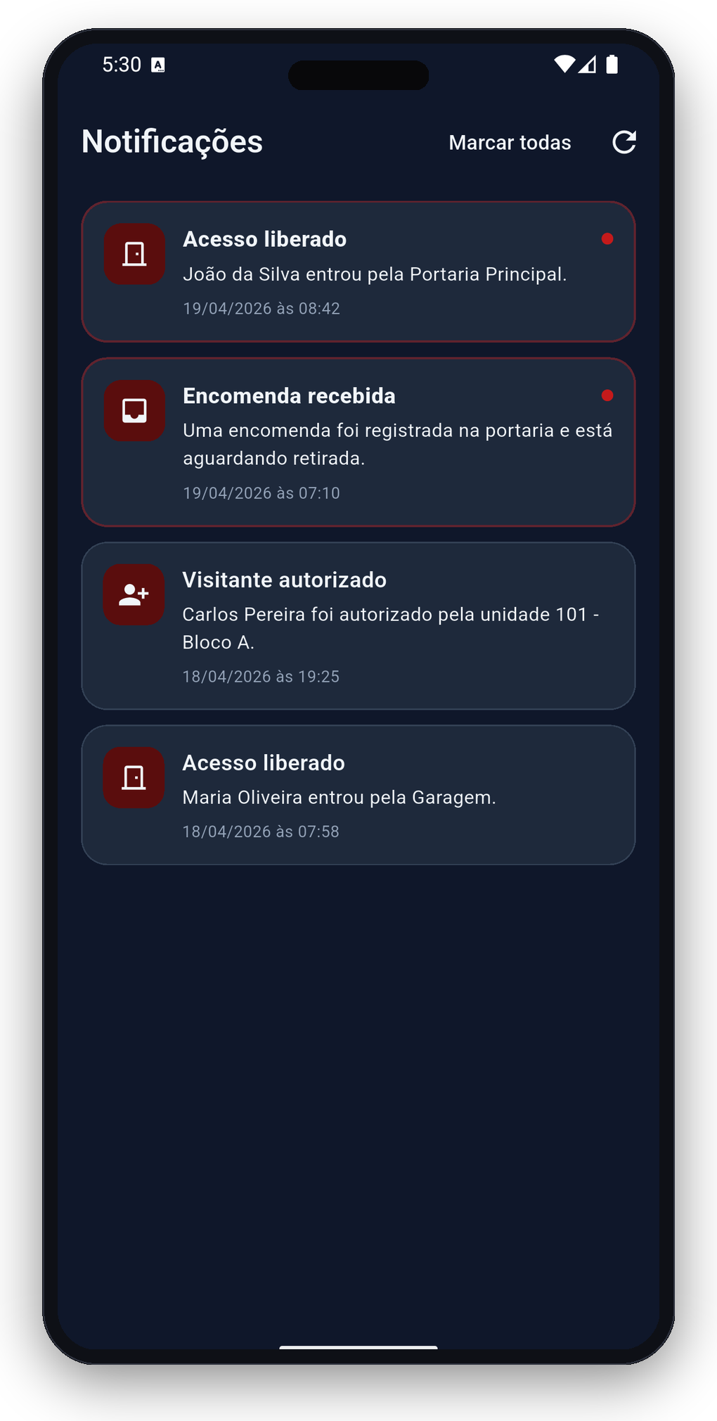 Notificações push no app (escuro)